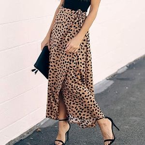 Leopard Skirts Casual Pleated High Waist Maxi Tie